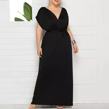 Женское модное и сексуальное платье большого размера однотонное с V-образным вырезом, короткими рукавами и свободным подолом XL чёрный