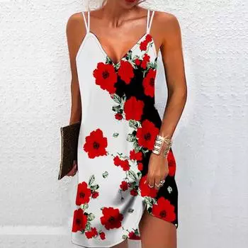 Женское модное и сексуальное платье без бретелек с 3D принтом красных роз, свободное камуфляжное платье с v-образным вырезом XS красный