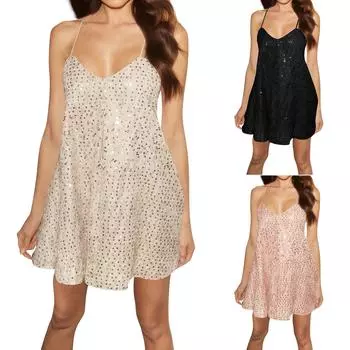 Женское модное и сексуальное платье трапециевидной формы с перьями и пайетками на подтяжках, вечернее платье L чёрный