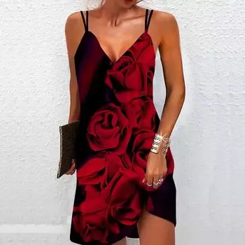 Женское модное и сексуальное платье без бретелек с 3D принтом красных роз, свободное камуфляжное платье с v-образным вырезом XS красный