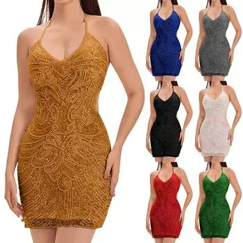 Женское модное и сексуальное платье для латинских танцев с открытой спиной и V-образным вырезом с пайетками L чёрный