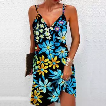 Женское модное и сексуальное синее платье без бретелек с 3D-цветочным принтом, свободное камуфляжное платье с v-образным вырезом XS синий