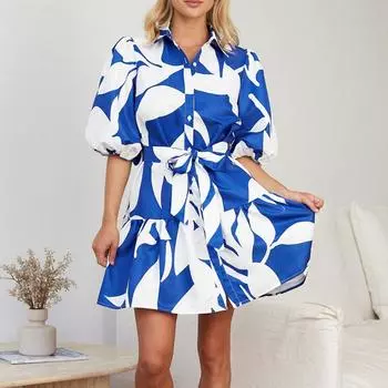 Женское модное и свежее платье с принтом и поясом для темперамента S синий