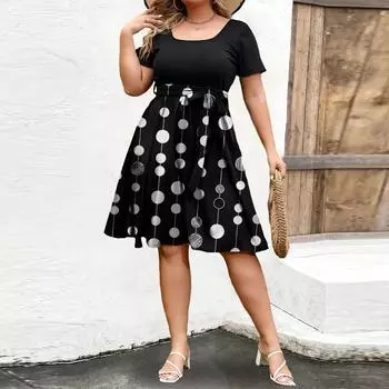 Женское модное и трендовое платье с круглым вырезом и короткими рукавами на талии с принтом размера плюс L чёрный