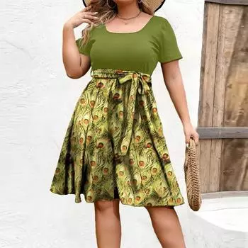 Женское модное и трендовое платье с круглым вырезом и короткими рукавами на талии с принтом размера плюс XXL зелёный
