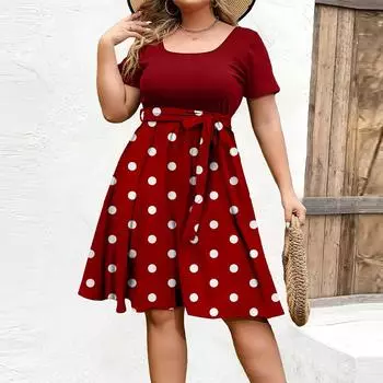 Женское модное и трендовое платье с круглым вырезом и короткими рукавами на талии с принтом размера плюс XXL красный