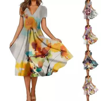 Женское модное и универсальное летнее темпераментное платье с v-образным вырезом и короткими рукавами с принтом L