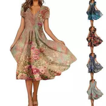 Женское модное и универсальное летнее темпераментное платье с v-образным вырезом и короткими рукавами с принтом M тёмно-синий