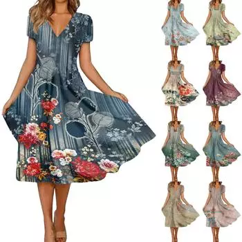 Женское модное и универсальное летнее темпераментное платье с v-образным вырезом и короткими рукавами с принтом XL