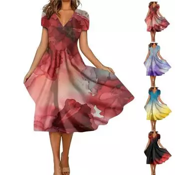 Женское модное и универсальное летнее темпераментное платье с v-образным вырезом и короткими рукавами с принтом XXXL синий