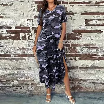 Женское модное камуфляжное повседневное платье с коротким рукавом L синий