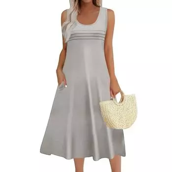 Женское модное круглое воротничковое безрукавное плиссированное пляжное платье с карманами длинные однотонные платья XL