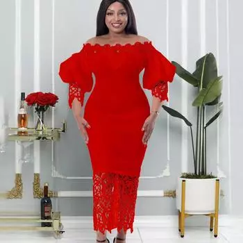 Женское модное кружевное лоскутное платье с открытыми плечами и объемными рукавами