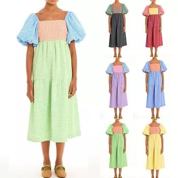 Женское модное кружевное платье с короткими рукавами и квадратным вырезом, разноцветное клетчатое платье с открытой спиной L чёрный