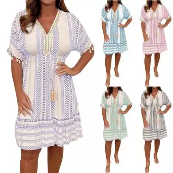 Женское модное кружевное платье средней длины с v-образным вырезом и принтом с кисточками L чёрный