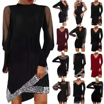 Женское модное кружевное сетчатое платье с блестками в стиле пэчворк с длинным рукавом и круглым вырезом M чёрный