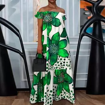Женское модное кружевное свободное платье с цветочным принтом и открытыми плечами S зелёный