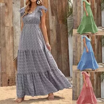 Женское модное летнее элегантное длинное платье с v-образным вырезом, высокой талией и короткими рукавами, пляжное платье с цветочным принтом S красный