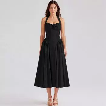 Женское модное летнее бохо-однотонное платье без рукавов с застежкой-молнией и кружевом L чёрный