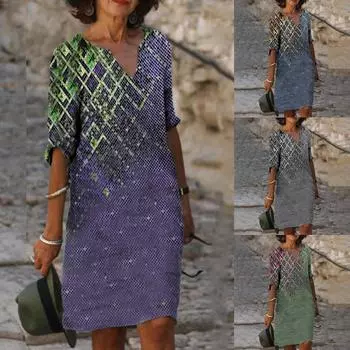 Женское модное летнее новое трендовое платье с v-образным вырезом и коротким рукавом с принтом L чёрный