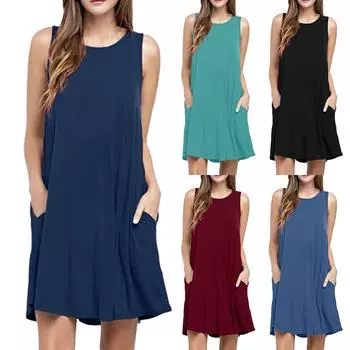 Женское модное летнее однотонное платье с круглым вырезом и большим подолом XL темно-синий