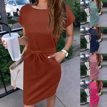 Женское модное летнее однотонное платье с круглым вырезом и короткими рукавами на шнуровке и карманом L темно-синий