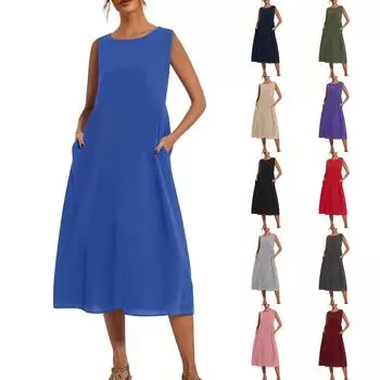 Женское модное летнее однотонное свободное платье без рукавов свободного кроя средней длины L