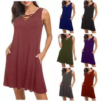 Женское модное летнее платье без рукавов с v-образным вырезом, крестиком и поясом L