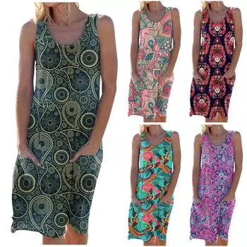 Женское модное летнее платье без рукавов с принтом, платье с круглым вырезом и большим подолом XXXXL розовый