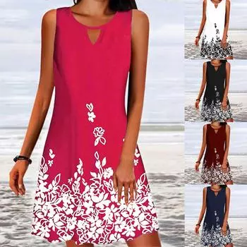 Женское модное летнее платье без рукавов с круглым вырезом и принтом XXL синий