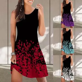 Женское модное летнее платье без рукавов с круглым вырезом и принтом M светло-синий