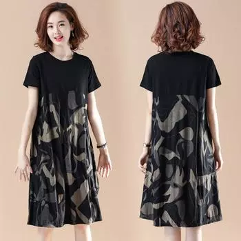 Женское модное летнее платье длиной до колена с короткими рукавами и геометрическим принтом XXXL чёрный