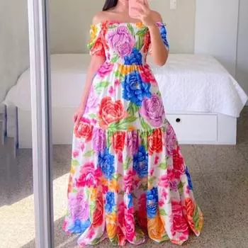 Женское модное летнее платье, повседневное платье с открытыми плечами и короткими рукавами, женское модное элегантное вечернее платье разных цветов S разноцветный
