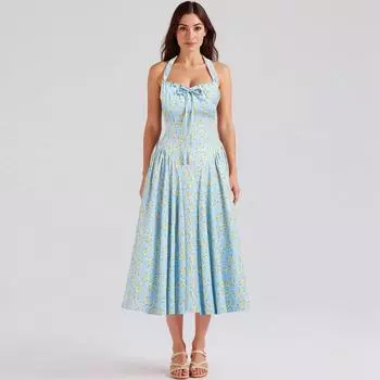 Женское модное летнее платье с цветочным принтом в стиле бохо, без рукавов, на молнии, с кружевом L синий
