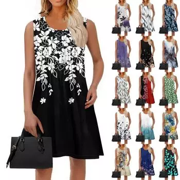 Женское модное летнее платье с цветочным принтом, свободное пляжное повседневное платье без рукавов для отдыха XL