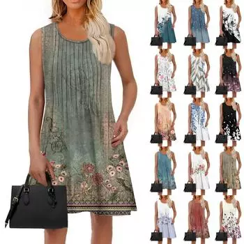 Женское модное летнее платье с цветочным принтом, свободное пляжное повседневное платье без рукавов для отдыха XXL красный