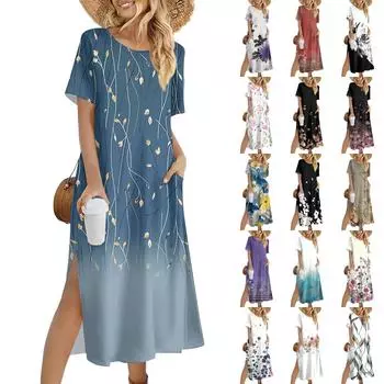 Женское модное летнее платье с цветочным принтом, повседневное пляжное платье, облегающее праздничное платье XXL