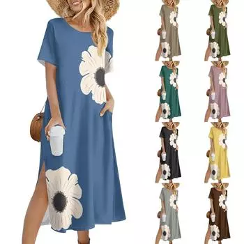 Женское модное летнее платье с цветочным принтом в стиле ретро, повседневное пляжное платье, облегающее платье для отпуска M чёрный