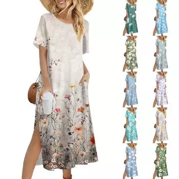 Женское модное летнее платье с цветочным принтом в стиле ретро, повседневное пляжное платье, облегающее платье для отпуска M циан