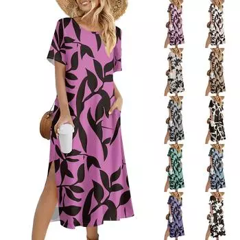 Женское модное летнее платье с цветочным принтом в стиле ретро, повседневное пляжное платье, облегающее платье для отпуска M фиолетовый