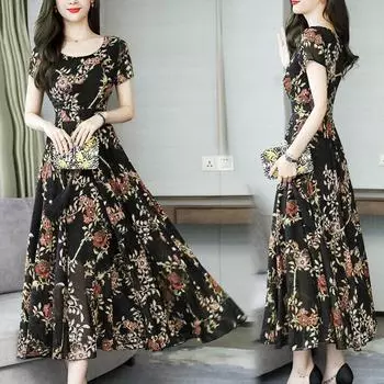 Женское модное летнее платье с круглым вырезом до щиколотки с коротким рукавом и длинным рукавом XXXL чёрный