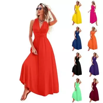 Женское модное летнее платье с открытой спиной и V-образным вырезом без рукавов на бретелях, однотонное платье L синий