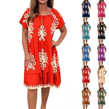 Женское модное летнее платье с принтом, платье большого размера с круглым вырезом, сарафан, пляжное платье L армия зеленый