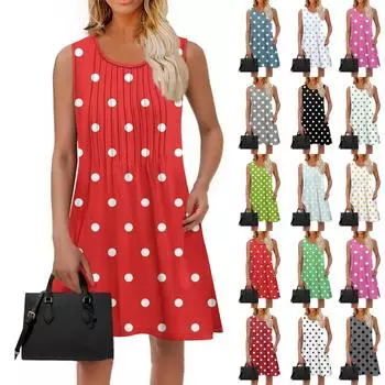Женское модное летнее платье с принтом в горошек, свободное пляжное повседневное платье без рукавов для отдыха XXXL