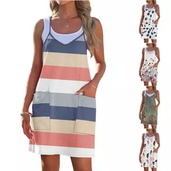 Женское модное летнее платье с принтом и свободным рукавом и карманом с V-образным вырезом L армия зеленый