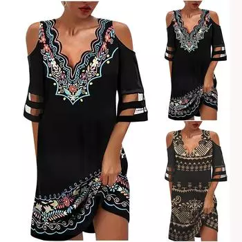 Женское модное летнее платье с v-образным вырезом и принтом, повседневное свободное платье с короткими рукавами L коричневый