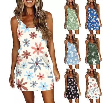 Женское модное летнее платье в полоску с принтом, свободное платье без рукавов с карманом и v-образным вырезом L бежевый