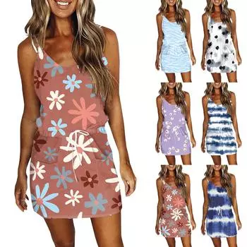 Женское модное летнее платье в полоску с принтом, свободное платье без рукавов с карманом и v-образным вырезом L синий