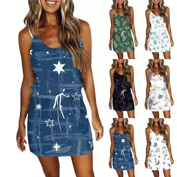 Женское модное летнее платье в полоску с принтом, свободное платье без рукавов с карманом и v-образным вырезом L синий