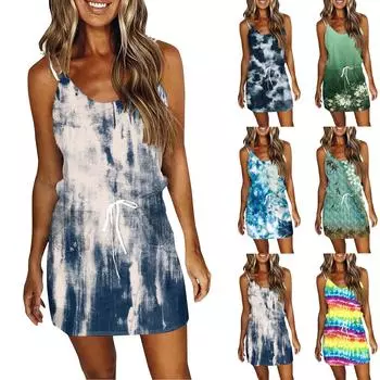 Женское модное летнее платье в полоску с принтом, свободное платье без рукавов с карманом и v-образным вырезом L синий